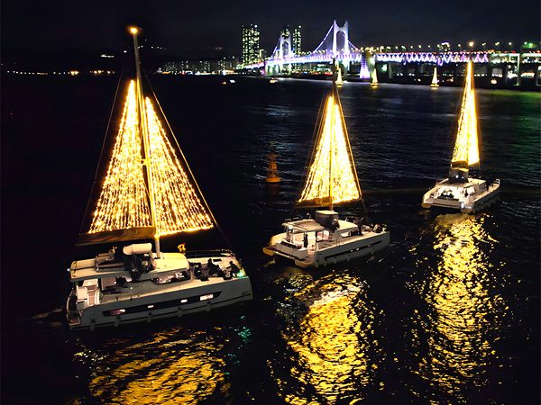 廣安大橋夜景前的遊艇聖誕樹