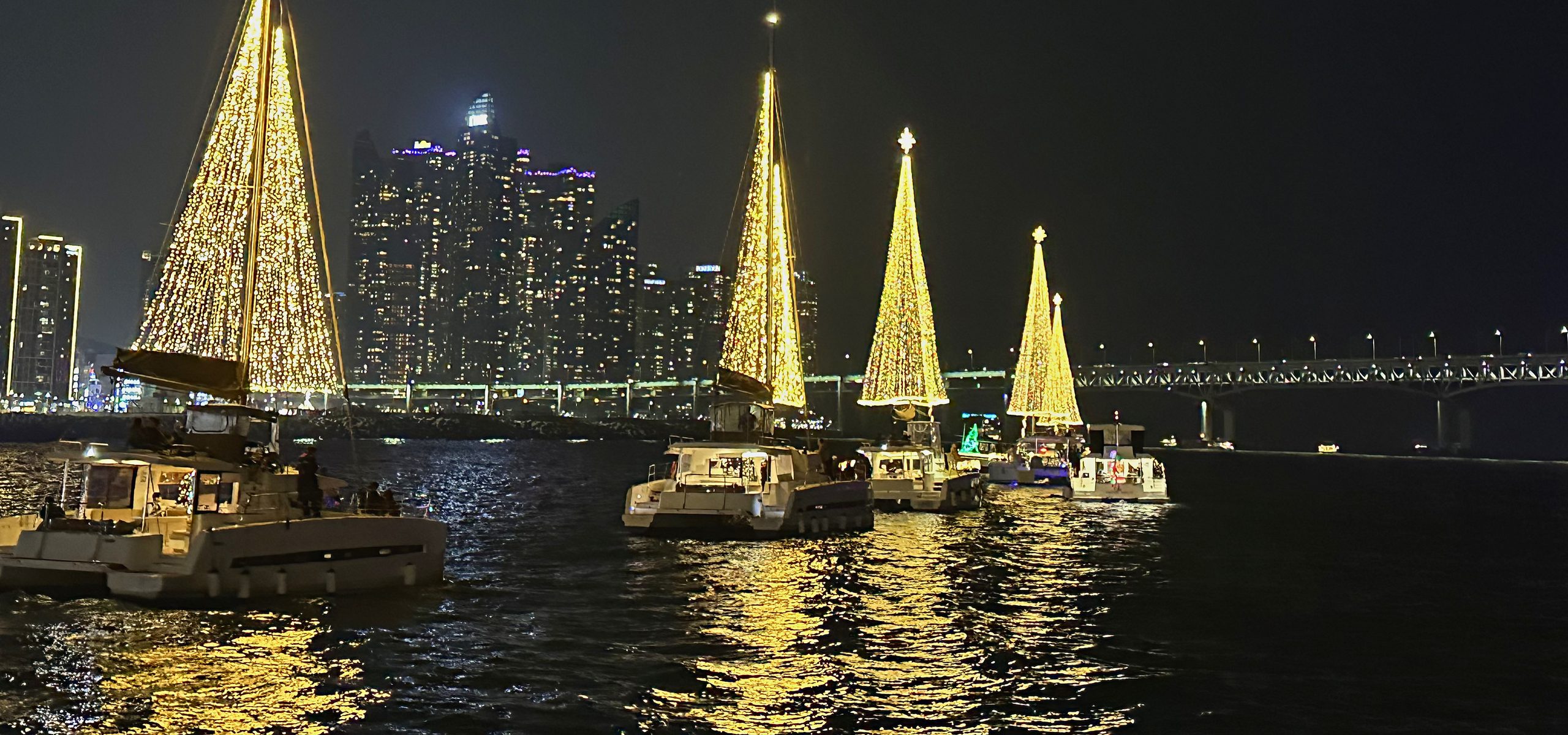 燈火通明的遊艇聖誕樹與Marine City夜景