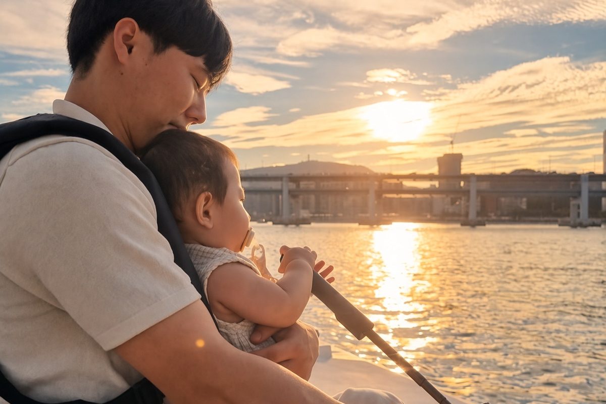 在日落海面上抱著孩子的爸爸
